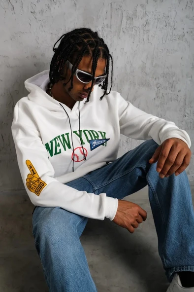Erkek Baskılı Kapüşonlu Sweatshirt - Beyaz - Resim 5
