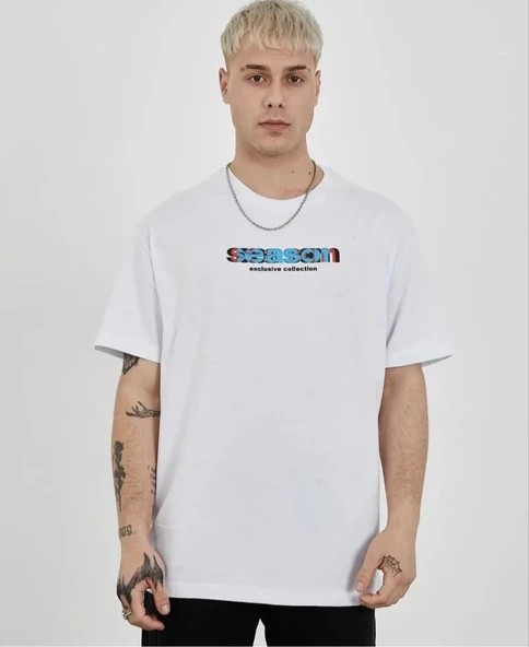 Unisex Bisiklet Yaka Baskılı Oversize T-shirt - Beyaz ürün görseli 1