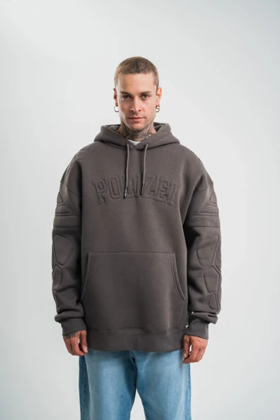 Erkek Nakış İşlemeli Kapşonlu Antrasit Sweatshirt Üç İplik Double Oversize- Füme ürün görseli 1
