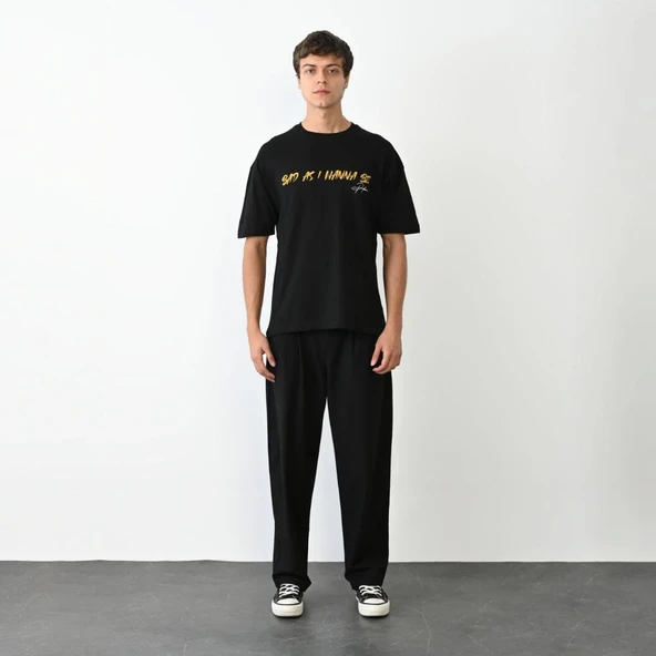 Unisex Bisiklet Yaka Baskılı Oversize T-shirt - Siyah ürün görseli 1