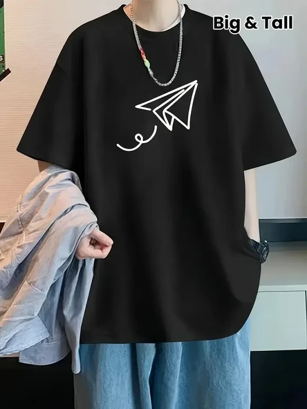 20/1 Penye Compack Uçak Baskılı Oversize Bisiklet Yaka Kısa Kol T-shirt - Siyah ürün görseli 1
