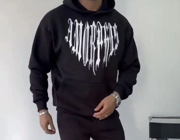 Uzun Kol Kapüşonlu Baskılı Sweatshirt - Siyah - Resim 7