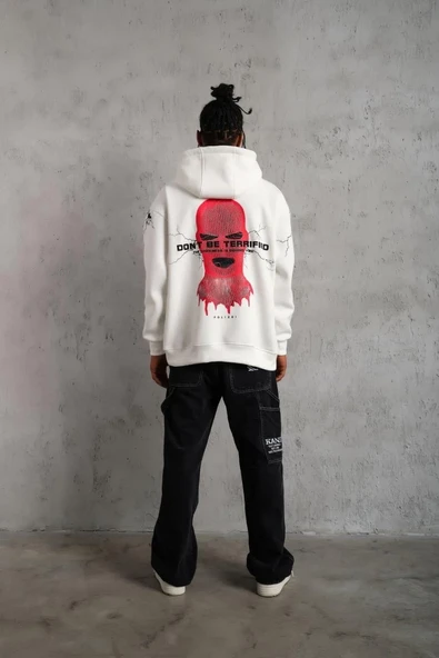 Erkek Maske Baskılı Kapüşonlu Sweat - Beyaz - Resim 5