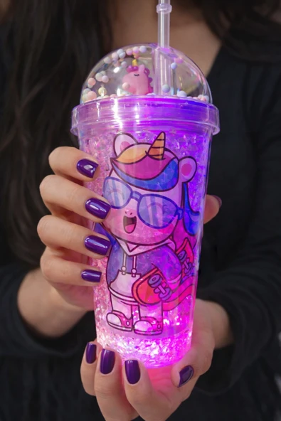 Renkli Boncuklu Sevimli Unicorn Tasarımlı 450 ML Led Işıklı Pipetli İçecek Bardağı Suluk Mor 2646 ürün görseli 1