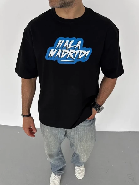 Unisex Bisiklet Yaka Baskılı Oversize T-shirt - Siyah ürün görseli 1