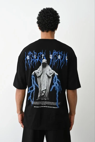 Unisex Baskılı Oversize T-shirt - Siyah ürün görseli 1