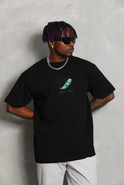Erkek Kısa Kol Baskılı Bisiklet Yaka T-shirt - Siyah ürün görseli 1
