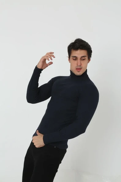 Erkek Kaşkorse Boğazlı Full Likralı Fitilli Body Kazak - Siyah ürün görseli 1