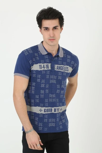 Erkek Yakalı Slim Fit Baskılı T-shirt - Mavi ürün görseli 1