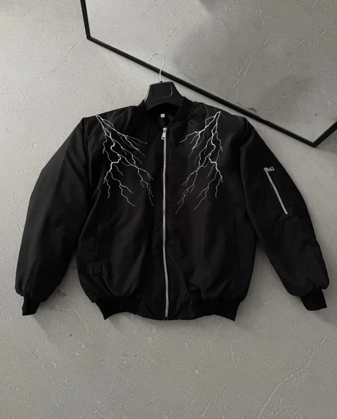 Unisex Siyah Bomber Mont – Beyaz Şimşek Desenli, Fermuarlı Cepli, Kapitone Astarlı Sokak Stili Günlük Ceket - Siyah ürün görseli 1