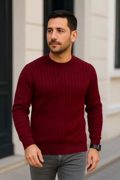 Erkek Bisiklet Yuvarlak Yaka Triko Kazak Pamuklu Kalın Fitilli Dokuma, Regular Fit Uzun Kollu Kışlık Model - Bordo ürün görseli 1