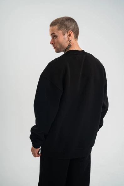 Uzun Kol Bisiklet Yaka Basic Sweatshirt - Siyah - Resim 3