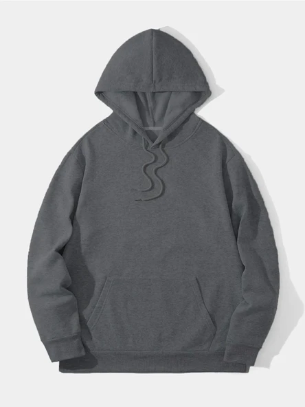 Erkek Düz Kapüşonlu Sweat - Füme - Resim 4
