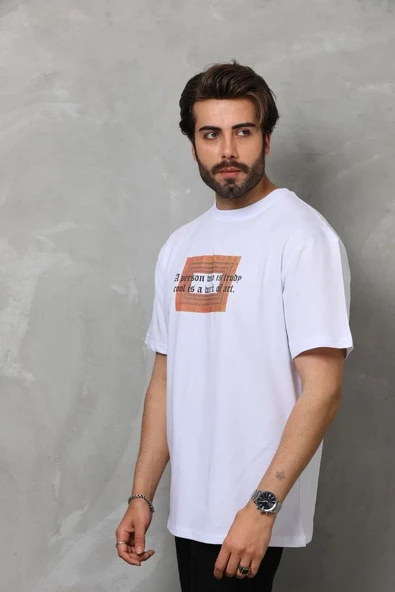 Unisex Bisiklet Yaka Baskılı Oversize T-shirt - Beyaz ürün görseli 1