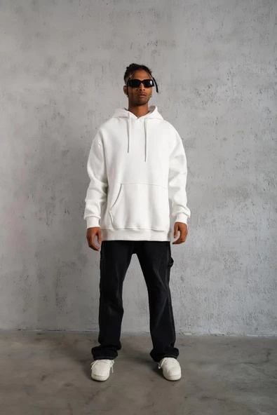 Erkek Düz Kapüşonlu Sweat - Beyaz - Resim 4