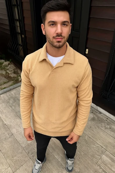 Erkek Fitilli Polar Sweatshirt – Düğmesiz Polo Yaka, Oversize Rahat Kalıp, Kalın Polar Kumaş, Kışlık Ve Baharlık Şık Günlük Üst - Bej ürün görseli 1
