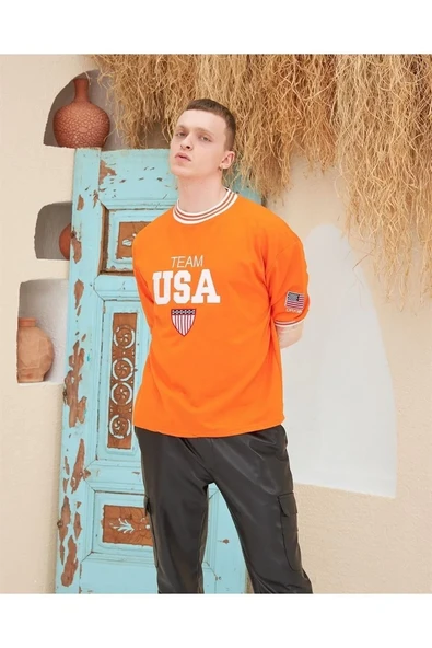 Erkek Nakış İşlemeli Ribanalı Oversize T-shirt - Turuncu ürün görseli 1