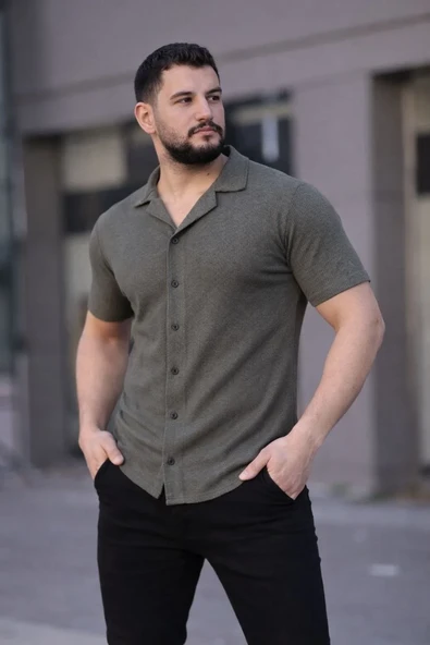 Erkek Waffle Kumaş Kısa Kollu Düğmeli Açık Yaka Regular Fit Gömlek - Haki ürün görseli 1