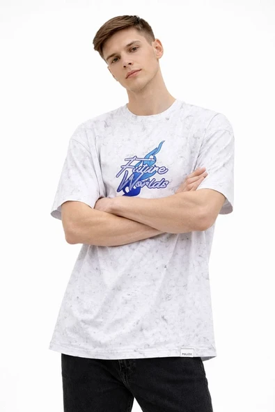Erkek Asit Yıkamalı Oversize Tişört Future Worlds Baskılı Bisiklet Yaka Kısa Kollu Streetwear %100 Pamuk Street Style T-shirt - Beyaz ürün görseli 1