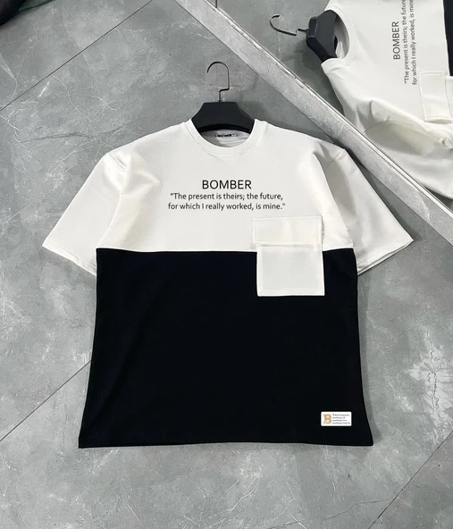Unisex Torba Cep Detaylı  Parçalı T-shirt - Siyah ürün görseli 1