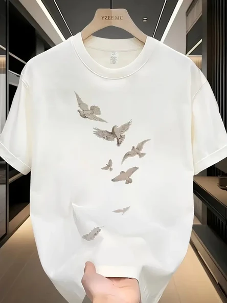20/1 Penye Compack Özgür Kuşlar Baskılı Oversize Bisiklet Yaka T-shirt - Beyaz ürün görseli 1