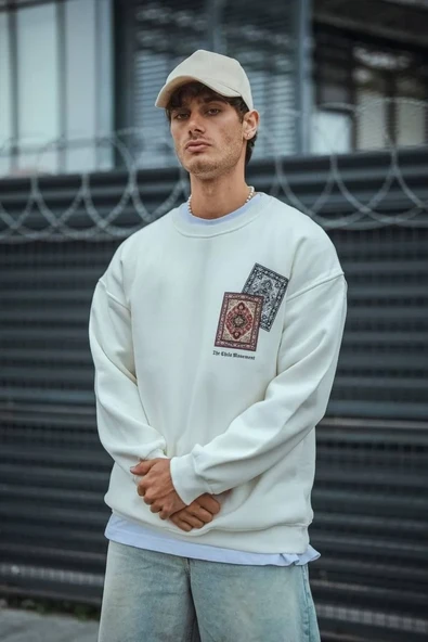 Uzun Kol Bisiklet Yaka Baskılı Sweatshirt - Beyaz ürün görseli 1