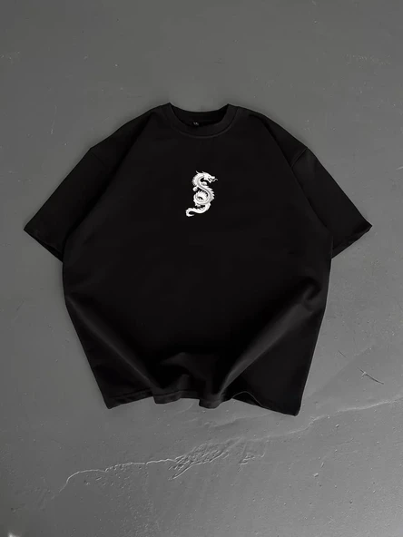 Baskılı Oversize Bisiklet Yaka T-shirt - Siyah ürün görseli 1