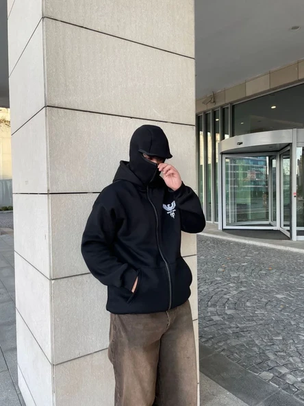 Samuray Kapüşonlu Zıp Fermuarlı Kapüşonlu Sweatshirt - Siyah - Resim 4