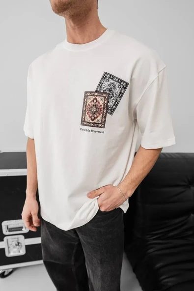 Erkek Baskılı Oversize T-shirt - Beyaz - Resim 4