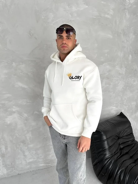 Kışlık Üç İplik Kapüşonlu Sweatshirt - Beyaz ürün görseli 1