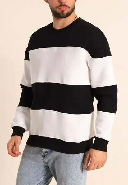 Parçalı Bisiklet Yaka Baskılı Sweatshirt - Siyah ürün görseli 1