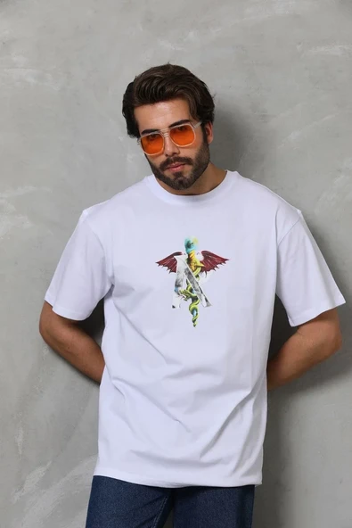 Unisex Bisiklet Yaka Baskılı Oversize T-shirt - Beyaz ürün görseli 1