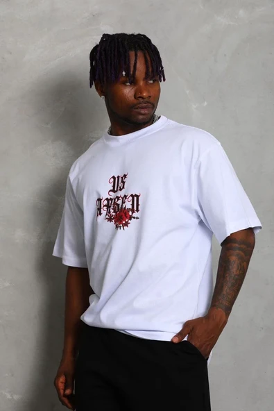 Erkek Oversize Baskılı Bisiklet Yaka T-shirt - Beyaz ürün görseli 1