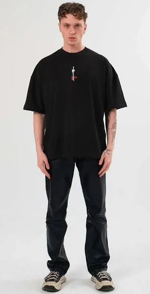 Unisex Bisiklet Yaka Baskılı Oversize T-shirt - Siyah ürün görseli 1