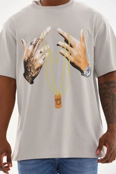 Unisex Baskılı Oversize T-shirt - Gri ürün görseli 1