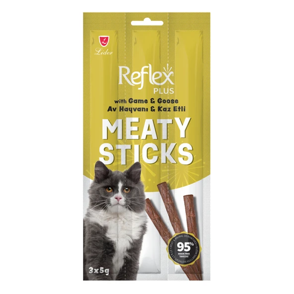 Reflex Plus Meaty Sticks Av Hayvanlı ve Kaz Etli Tahılsız Kedi Ödül Çubuğu 15gr (3'lü) ürün görseli 1
