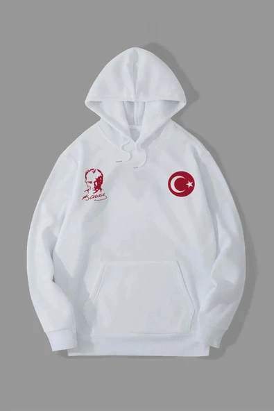 10 Kasıma Özel Üç İplik Kapüşonlu Baskılı Sweatshirt - Beyaz ürün görseli 1