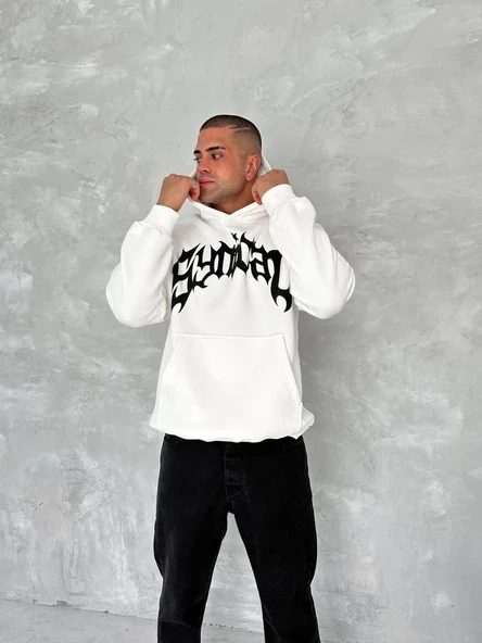 Unisex Üç İplik Kapüşonlu Baskılı Sweatshirt - Beyaz ürün görseli 1