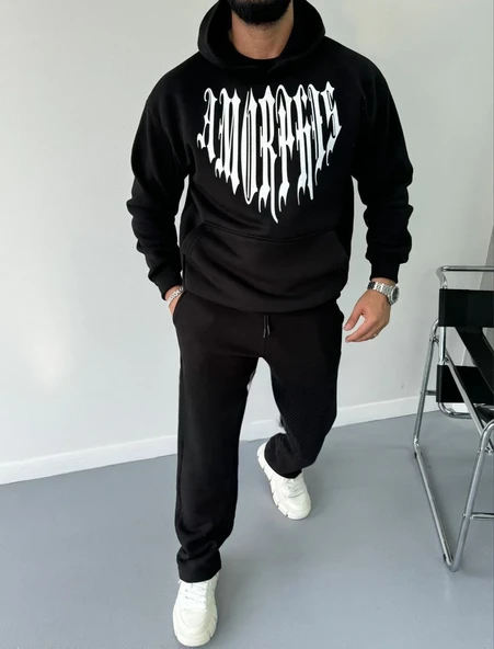 Uzun Kol Kapüşonlu Baskılı Sweatshirt - Siyah - Resim 4