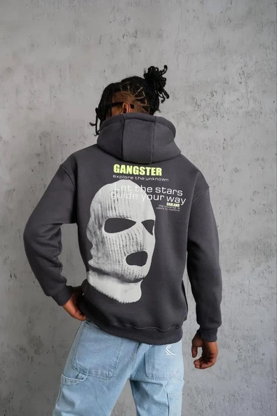Erkek Kordonlu Maske Baskılı Kapşonlu Sweat - Gri ürün görseli 1