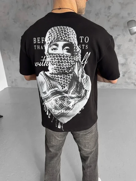 Unisex Baskılı Oversize T-shirt - Siyah ürün görseli 1