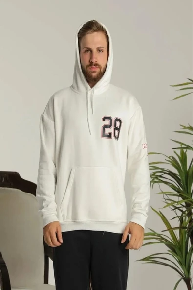 Erkek Sırt Baskılı Oversize Üç İplik Kapüşonlu Sweatshirt - Beyaz ürün görseli 1