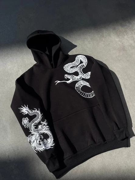 Uzun Kol Kapüşonlu Baskılı Sweatshirt - Siyah - Resim 2