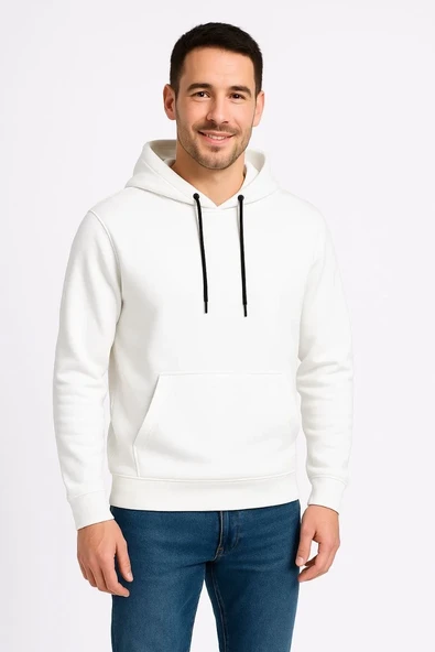 Erkek Üç İplik Kapüşonlu Kanguru Cepli Sweatshirt Hoodie - Beyaz ürün görseli 1