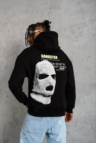 Erkek Baskılı Kapüşonlu 3 İplik Pamuklu Hoodie Sweatshirt - Siyah ürün görseli 1