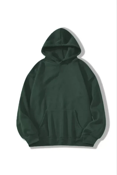 Kadın Kapüşonlu Kanguru Cepli 3 İplik Pamuklu Düz Hoodie Sweatshirt - Haki ürün görseli 1