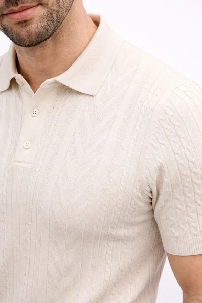 Erkek Yazlık Triko Tişört Kısa Kol Polo Yaka Düğmeli T-shirt - Krem ürün görseli 1