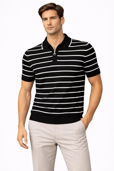 Erkek Triko Polo Yaka Fermuarlı Çizgili Tişört T-shirt Yazlık Şık - Siyah ürün görseli 1