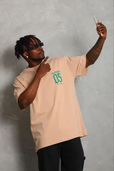 Erkek Baskılı T-shirt Kısa Kol Bisiklet Yaka Regular Fit Rahat Kalıp Günlük Tişört - Bej ürün görseli 1