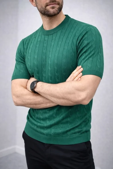 Erkek Yazlık Triko Dokuma Tişört Kısa Kol Bisiklet Yaka Örgü Desenli T-shirt - Haki ürün görseli 1